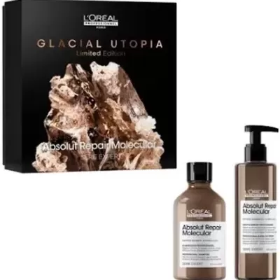 Kit de tratamento capilar L'Oréal Absolut Repair Molecular com embalagem preta e dois frascos castanhos.