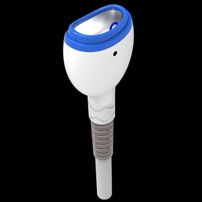 Dispositivo branco e azul com cilindro cinzento sobre fundo preto