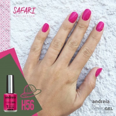 Mão com unhas pintadas de verniz rosa fúcsia, frasco de verniz com código H56 e texto de marca