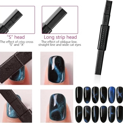 Unhas postiças pretas com efeitos azuis e ferramenta para aplicação em preto