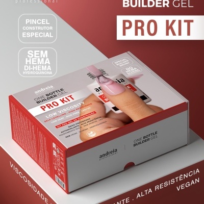 Embalagem de kit PRO KIT ONE BOTTLE BUILDER GEL da andreia professional com texto e imagem de unha com gel