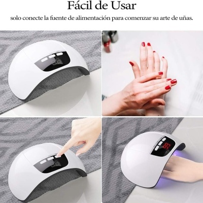 Lâmpada UV/LED branca para unhas com visor digital e mãos com unhas vermelhas.