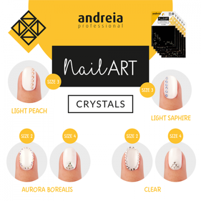 Cartaz Andreia Professional NailART CRYSTALS com cinco cores de cristais em unhas brancas