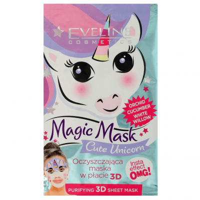 Embalagem colorida de máscara facial Magic Mask Cute Unicorn com imagem de unicórnio e texto multilingue