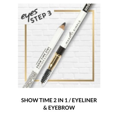 Duas ferramentas de maquilhagem para olhos, uma branca com tampa, outra branca com escova, texto de produto visível