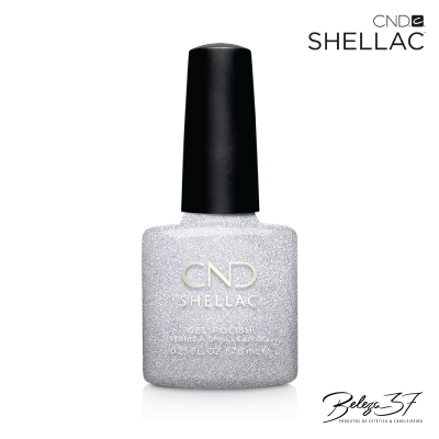 Frasco de verniz de unhas CND Shellac prateado com tampa preta