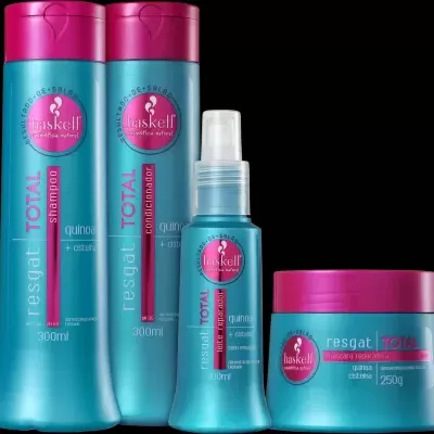 Produtos de cuidado capilar Haskell em frascos azuis e rosa