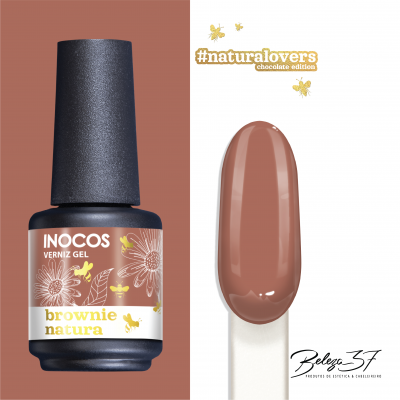 Verniz gel INOCOS castanho brownie natura com amostra da cor e texto promocional