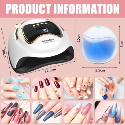 Duas lâmpadas de unhas profissionais com temporizador digital e vários exemplos de unhas decoradas coloridas.