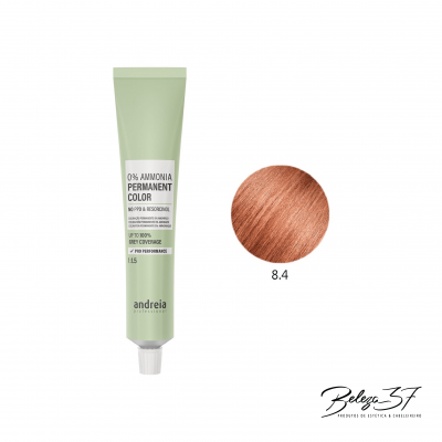 Tubo de tinta de cabelo Andreia permanente cor 8.4 com amostra da cor castanho avermelhado.