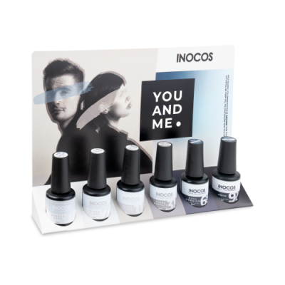 Conjunto de seis vernizes de unhas INOCOS em expositor com imagem e texto