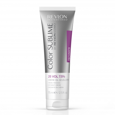 Tubo de creme Color Sublime da Revlon Professional com texto '25 VOL 7,5%' e fundo branco com detalhe roxo.