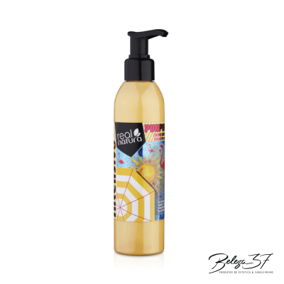 Frasco amarelo com tampa pump preta da marca Real Natura e rótulo colorido com guarda-sol e texto