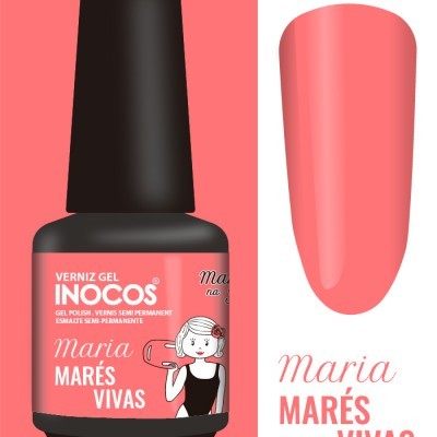 Frasco de verniz gel rosa INOCOS com rótulo e amostra da cor