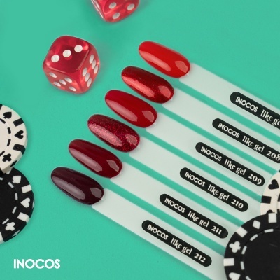 Vernizes de gel INOCOS em tons vermelhos com dados e fichas de poker