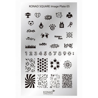 Placa quadrada KONAD para carimbos de unhas com desenhos de desporto e padrões.