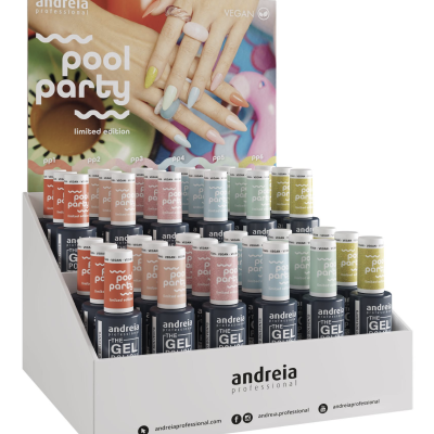 Expositor branco com vernizes gel de várias cores da marca Andreia Professional
