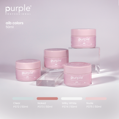 Frascos roxos pequenos da marca Purple Professional com diferentes tons e etiquetas visíveis.