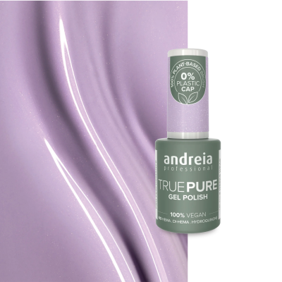 Verniz gel lilás da andreia professional com tampa verde e texto sobre textura brilhante lilás