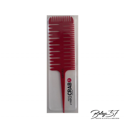 Pente vermelho com dentes de vários tamanhos numa embalagem transparente