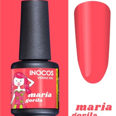 Frasco de verniz gel INOCOS Maria Gorila com amostra da cor coral