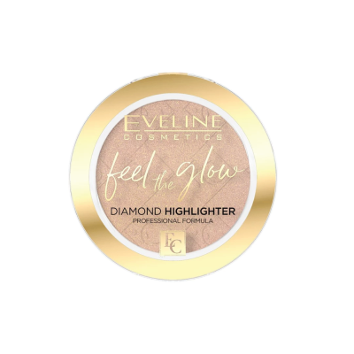 Pó iluminador redondo com embalagem dourada e transparente, cor rosada, marca Eveline Cosmetics