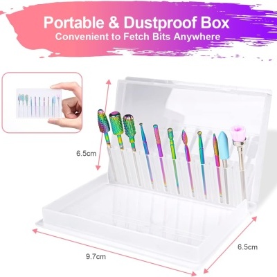 Caixa transparente portátil com 12 acessórios coloridos para unhas