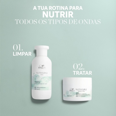 Produtos Wella Nutripurs para cuidar do cabelo em frasco e pote brancos sobre fundo verde claro.