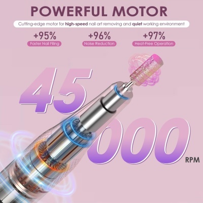 Motor para unhas de alta velocidade com descrição de funcionalidades em fundo rosa