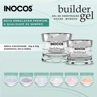 Dois frascos de gel para unhas Inocos Builder Gel com seis amostras de cores e texto promocional.