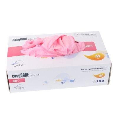 Caixa branca com luvas nitrílicas rosa e luva rosa parcialmente fora da caixa