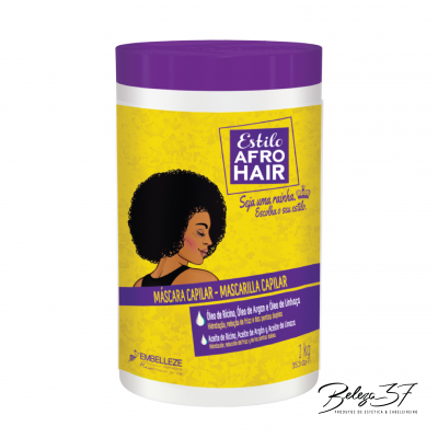 Máscara capilar Estilo Afro Hair em embalagem branca com tampa roxa e rótulo amarelo