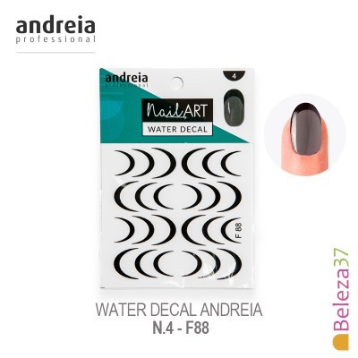 Embalagem de decalques para unhas Andreia Professional Nails Art Water Decal N.4 F88 com padrões negros e unha pintada cinza.