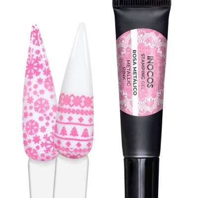 Gel para decoração de unhas Inocos embalagem preta com duas amostras de unhas decoradas em rosa metálico