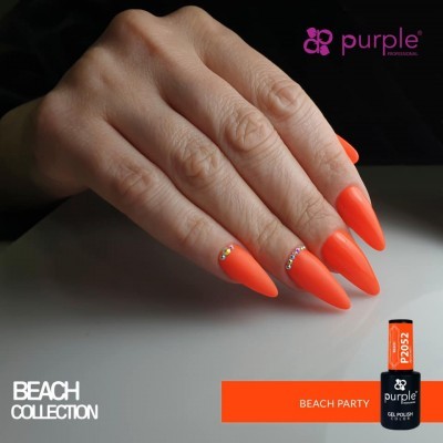 Unhas stiletto laranja fosco com strass e embalagem de verniz gel Purple PROFESSIONAL Beach Party