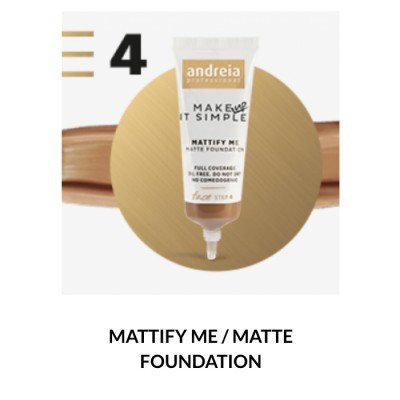 Base de maquilhagem Andreia Professional em tubo com texto, sobre fundo branco e dourado