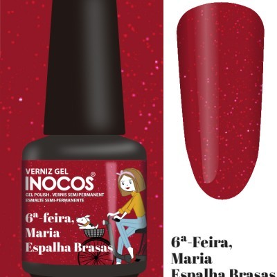 Frasco de verniz gel vermelho INOCOS com rótulo ilustrado e amostra da cor do verniz.