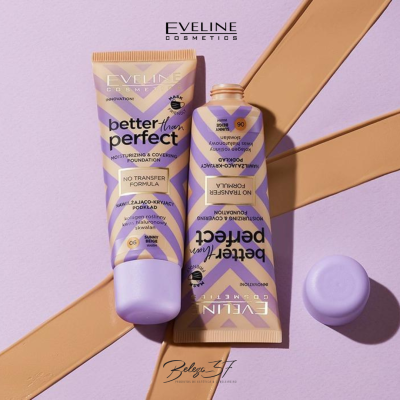 Dois tubos de base líquida Eveline Cosmetics Better Than Perfect sobre fundo lilás com estrias bege.