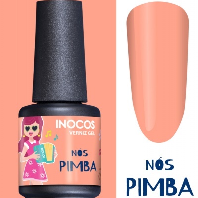 Frasco de verniz gel INOCOS cor coral com ilustração e texto NÓS PIMBA