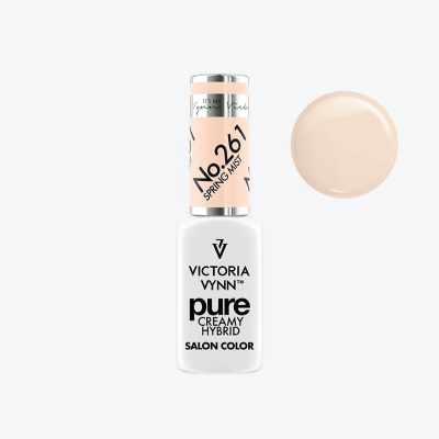 Verniz de unhas Victoria Vynn Pure Creamy Hybrid No. 261 Spring Mist com vidro branco e tampa prateada e cor de amostra bege claro