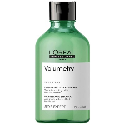 Frasco de champô Volumetry da L'Oréal Professionnel verde com tampa preta e etiqueta branca