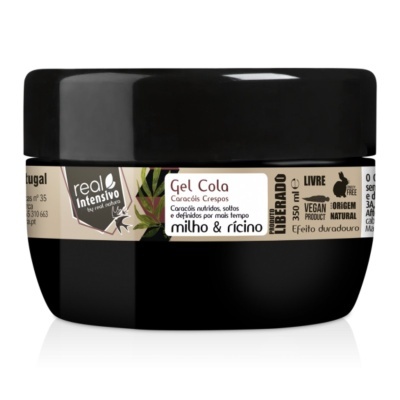 Frasco preto de Gel Cola para Caracóis Crespos com ingredientes milho e rícino