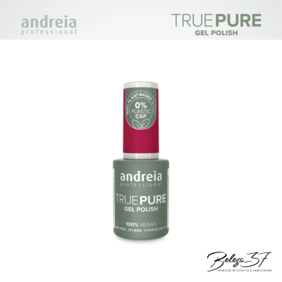 Frasco de verniz em gel Andreia TRUE PURE com cápsula vermelha e selo 0% plástico