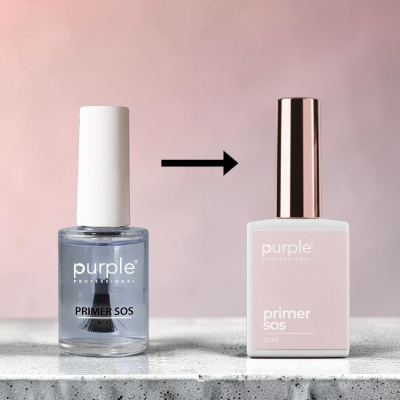 Dois frascos de primer para unhas Purple Professional com design diferente sobre superfície cinza
