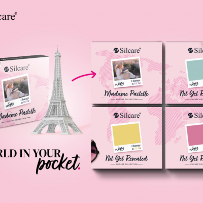 Produtos Silcare com embalagem em rosa e branco, Torre Eiffel e texto WORLD IN YOUR pocket
