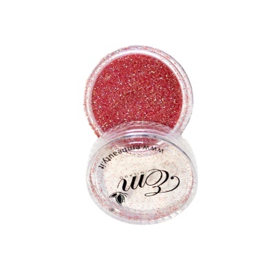Recipiente redondo transparente com glitter vermelha e texto E.MI na tampa