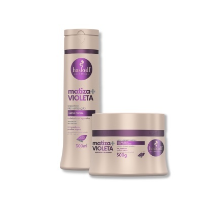 Produtos Haskell Matiza+ Violeta shampoo 300ml e máscara 300g em embalagens bege e roxo.