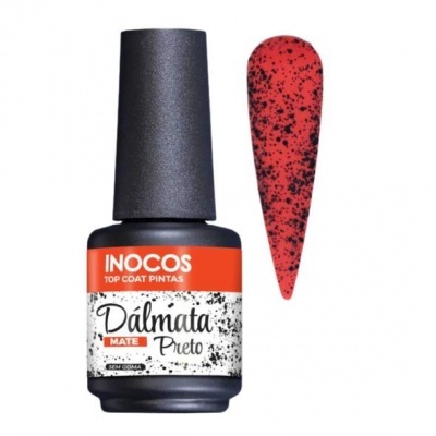 Frasco de verniz preto mate com pintas pretas e amostra da cor.