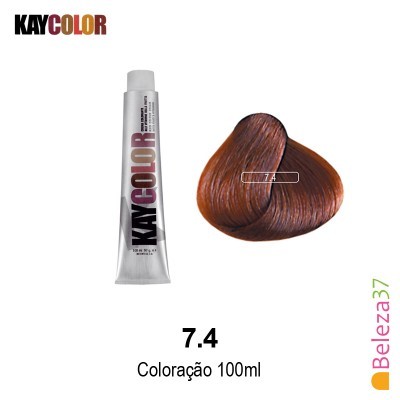 Bisnaga metálica de coloração capilar KAY COLOR 100ml com amostra de cor castanho acobreado 7.4