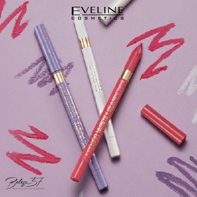 Três lápis de maquilhagem EVELINE COSMETICS em fundo lilás, cores roxo, branco e vermelho